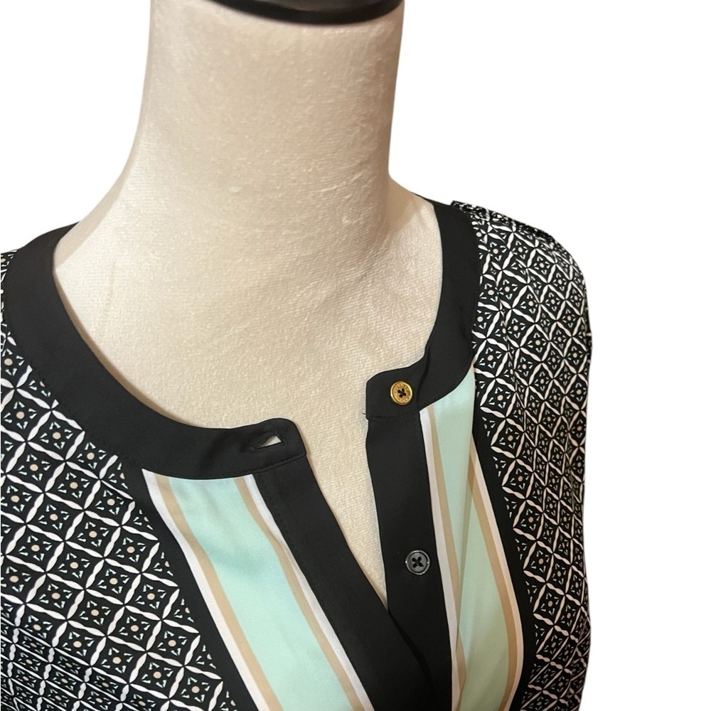 Dana Buchman 12 or L Top Geometric Print Button Up Shirt Blouse Collar Long Slv - Picture 3 of 4